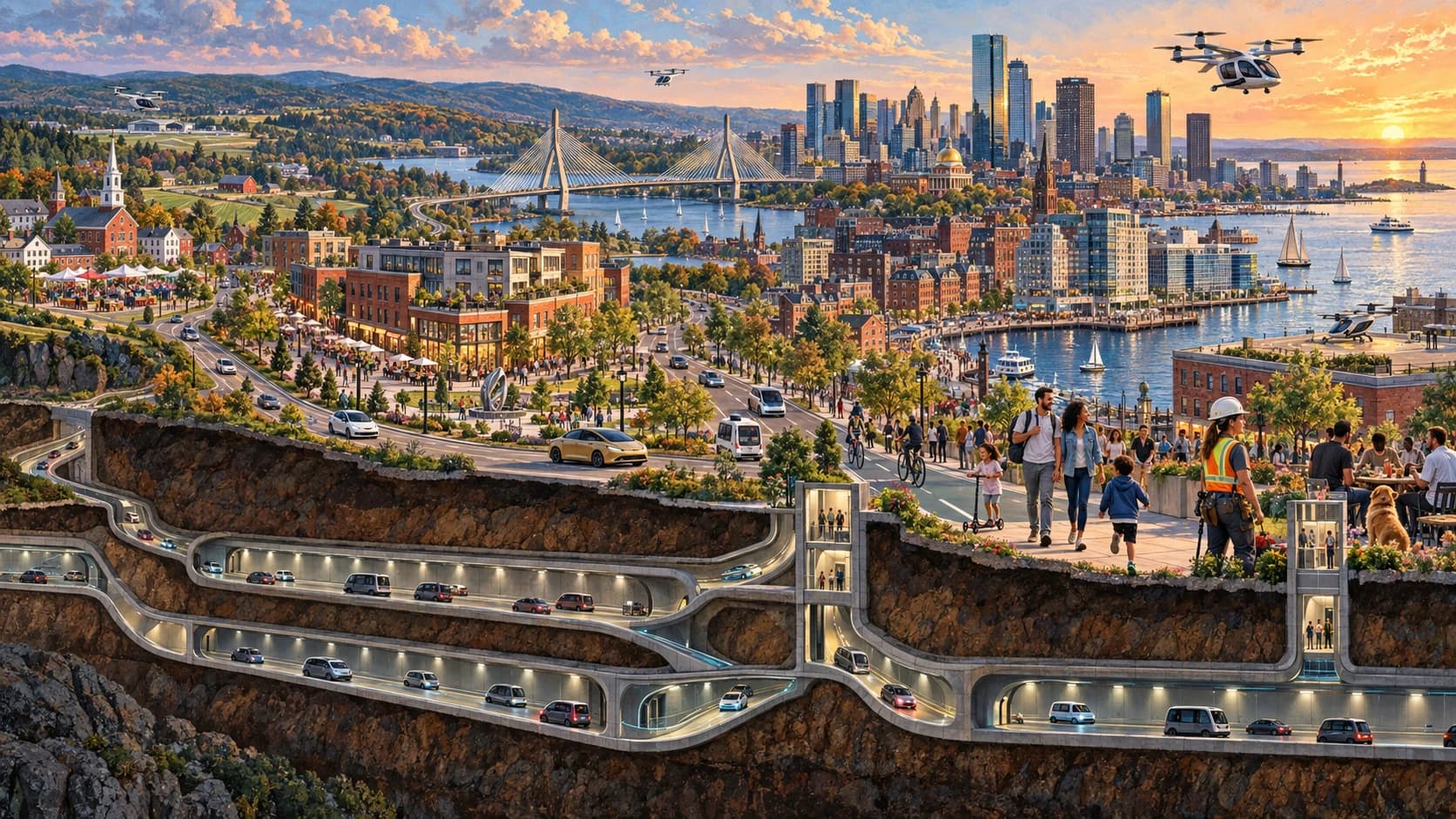 An imagined future Massachusetts: Boston's skyline and new housing connect to lively suburban and rural town centers, with autonomous vehicles in an underground tunnel network and passenger aircraft overhead